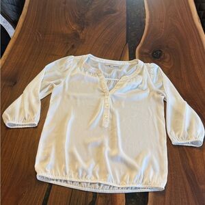 LOFT White 3/4 Sleeve Blouse with V-Neck and Elastic Hem
